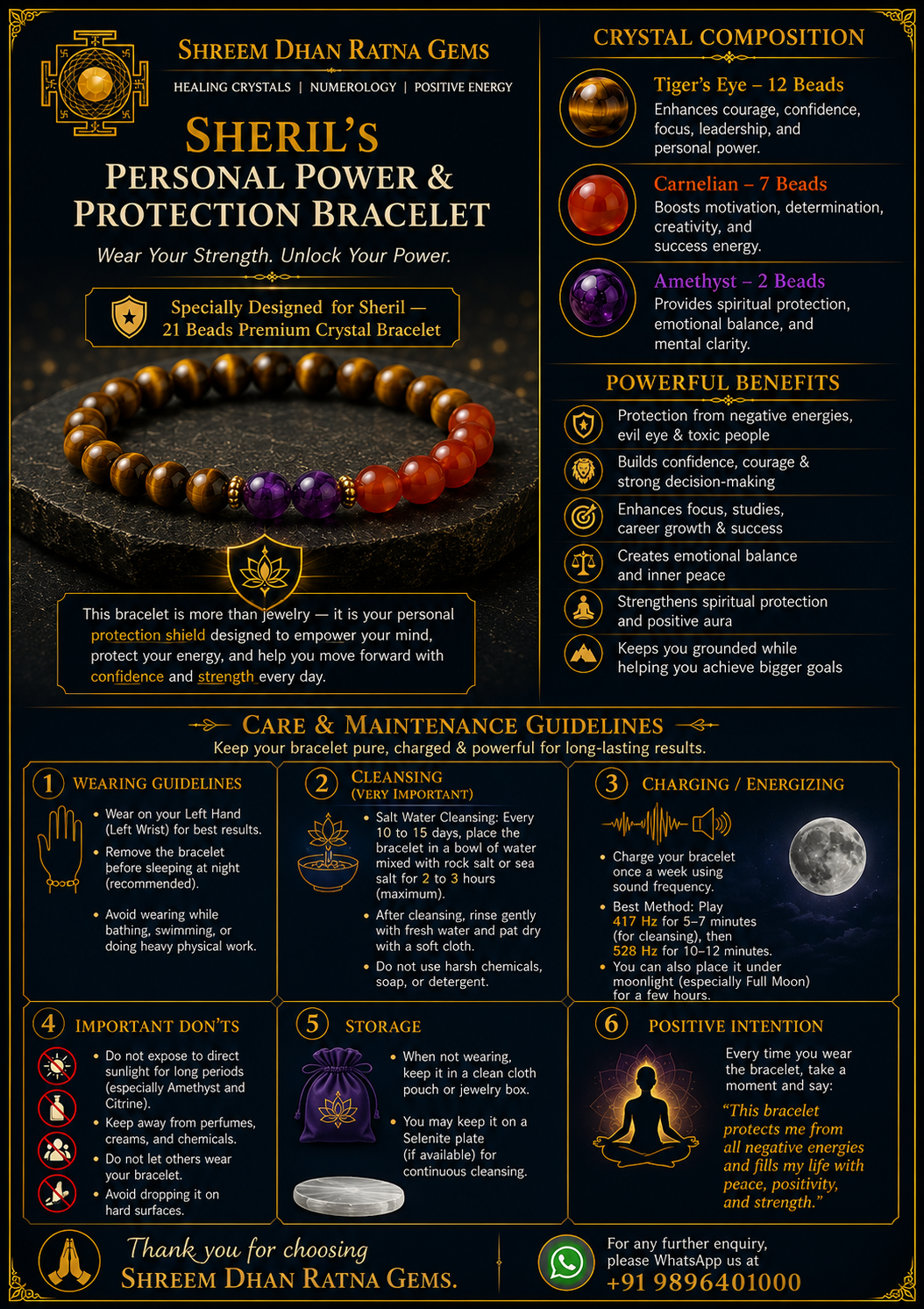 Sheril's Personal Power & Protection Bracelet report by Shreem Dhan Ratna Gems — crystal composition, benefits and care guide